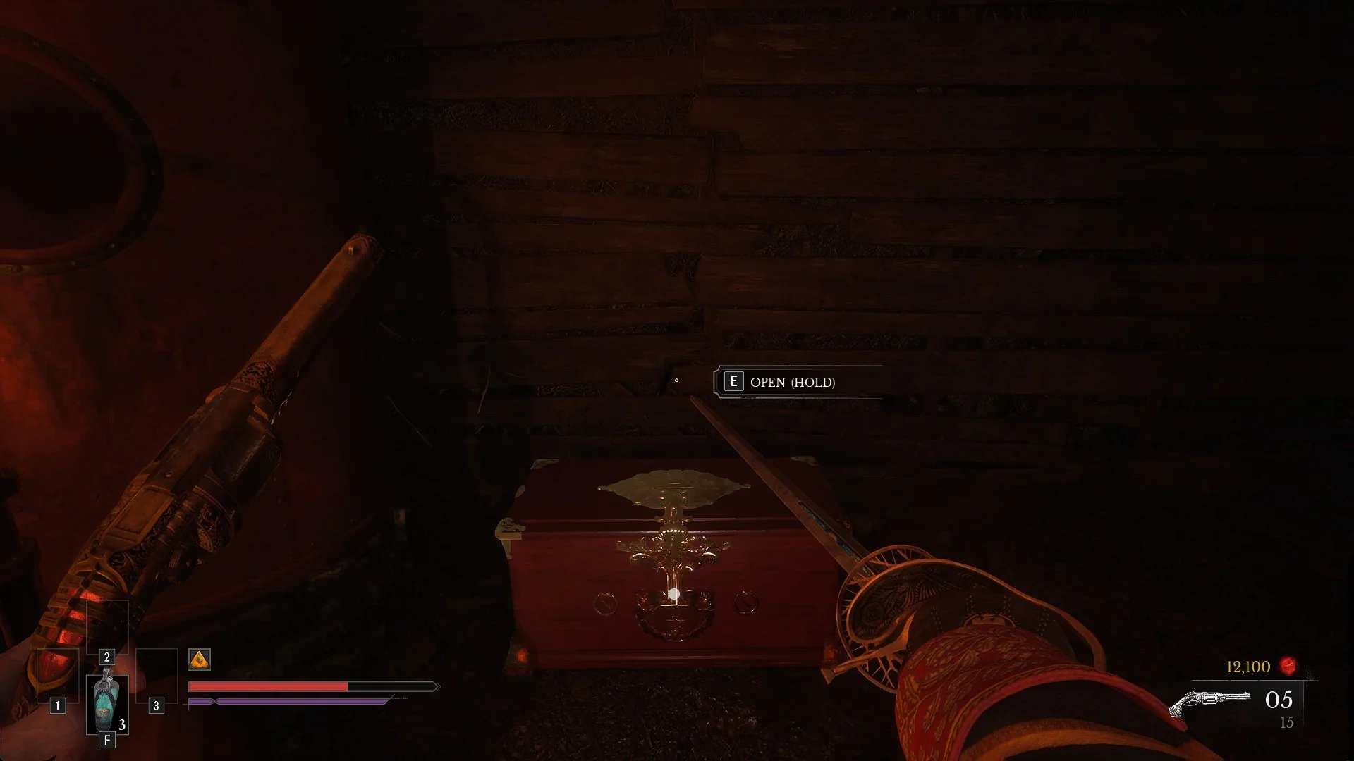A red gold-fitted chest in a dark cellar with the E OPEN HOLD prompt