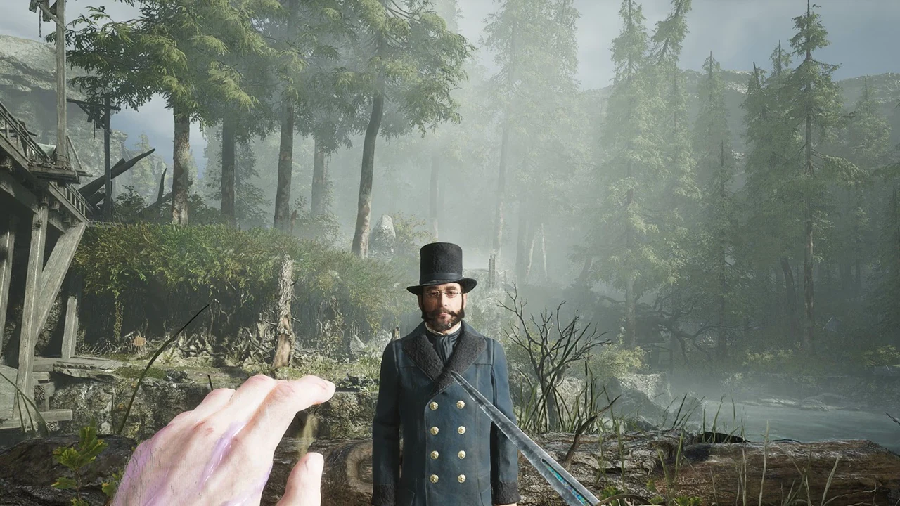 First-person view facing Lucjan in a top hat and blue coat standing beside the forest river