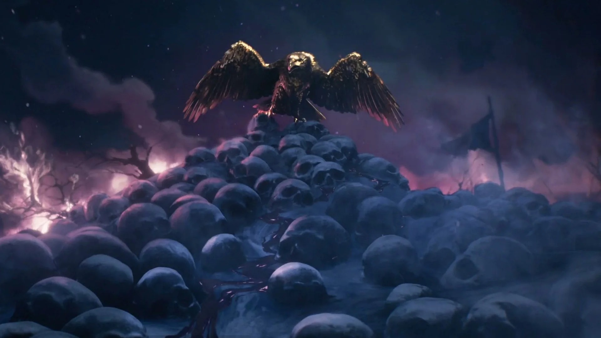 A golden eagle perched on a mound of skulls, from the Valor Mortis opening cinematic