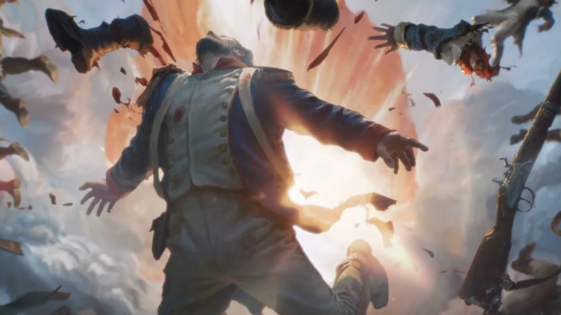 An explosion throwing French soldiers into the air in the Valor Mortis opening cinematic