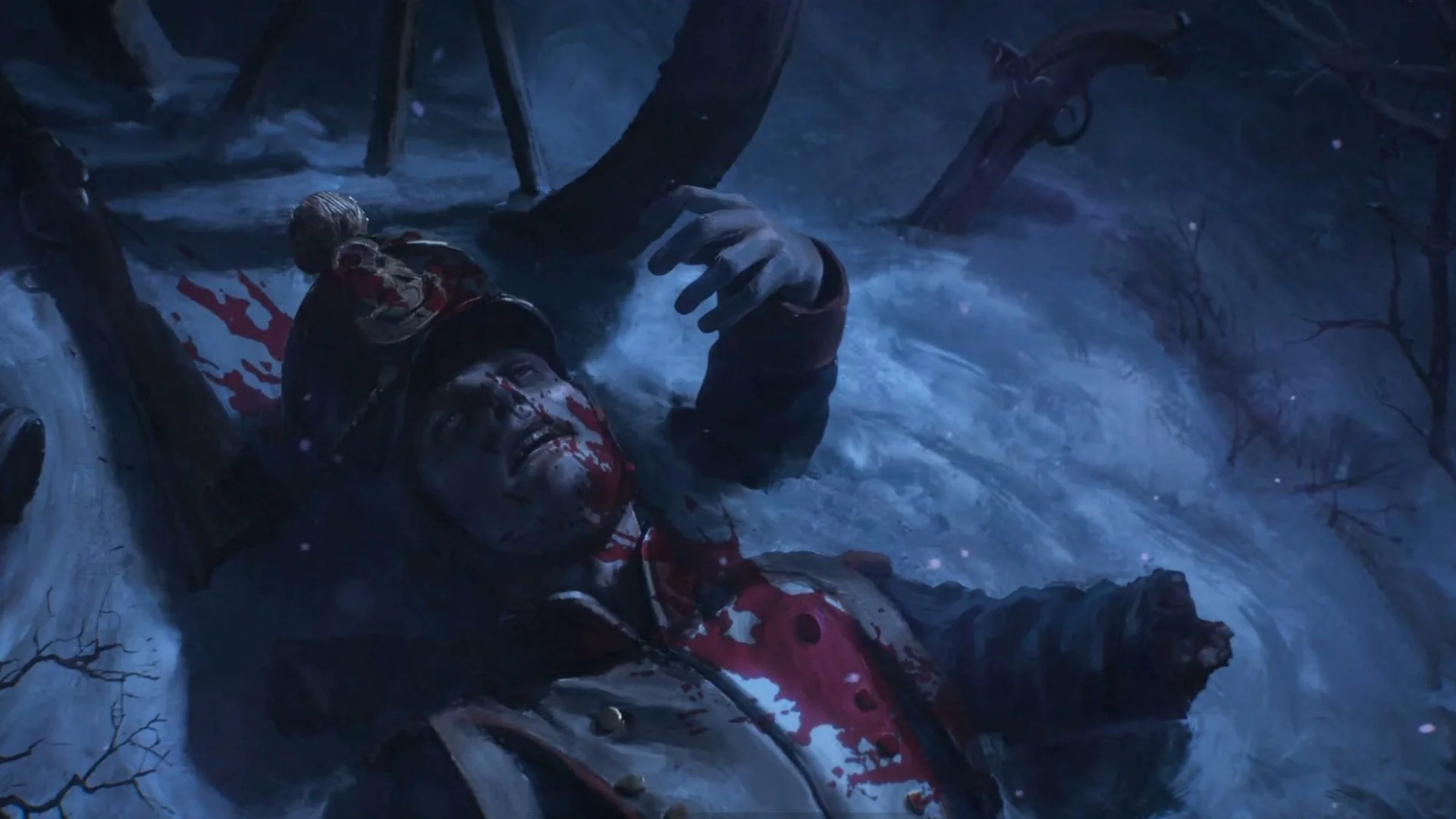 A wounded French soldier lying in bloodied snow, from the Valor Mortis opening cinematic
