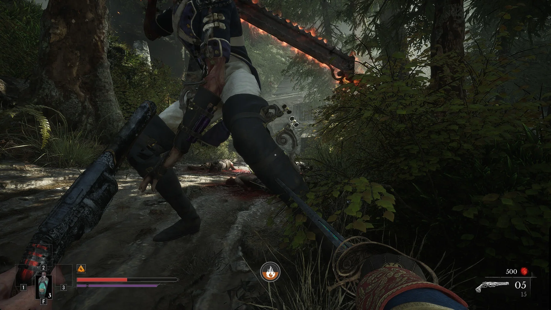 The Volunteer's flaming two-handed greatsword up close on the forest path