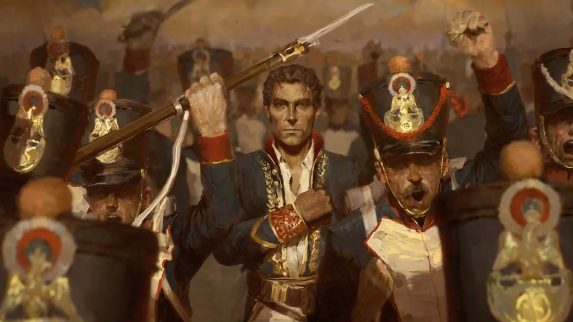 Grenadiers of the Imperial Guard cheering with raised sabres in the Valor Mortis opening