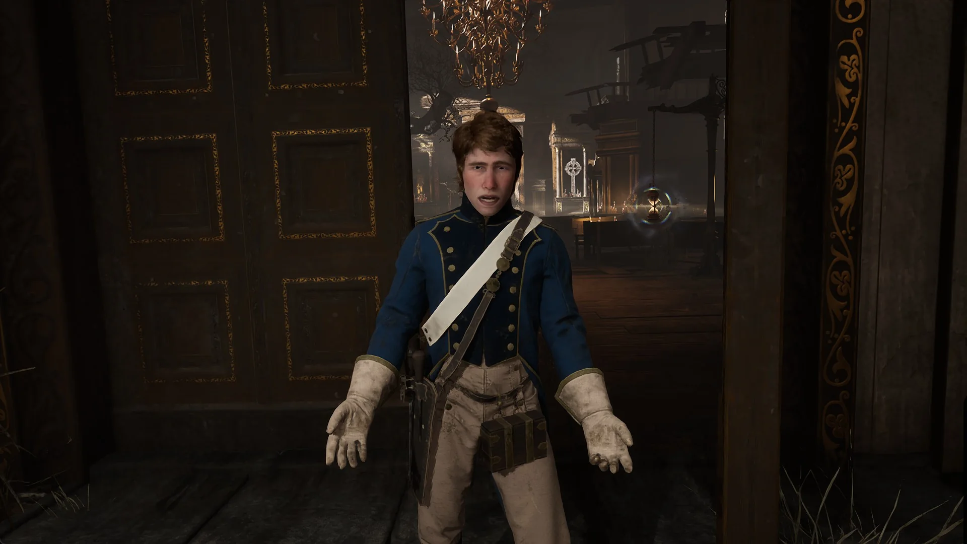 James, a young soldier in a blue coat with a white cross-belt, at the church door in Valor Mortis