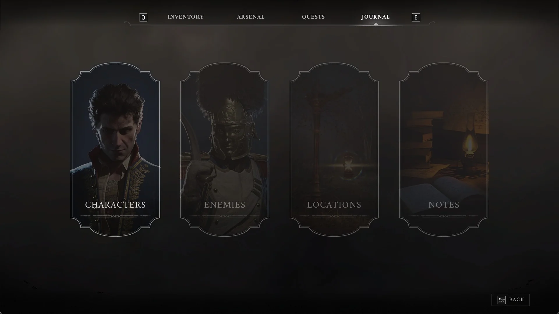 The Valor Mortis Journal tab with Characters, Enemies, Locations and Notes cards