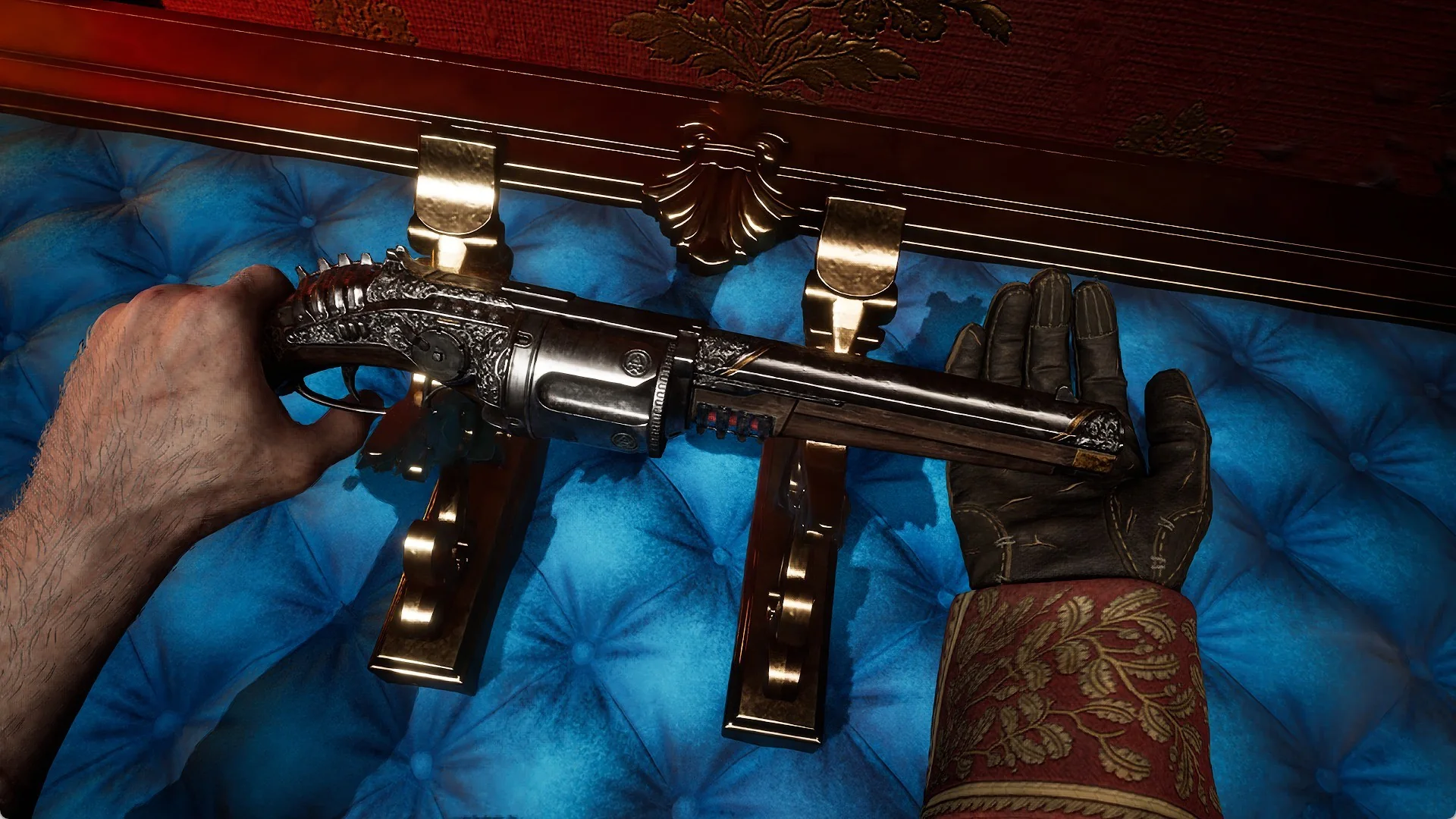 William's hands lifting an engraved revolver off its stand on a blue tufted seat in Valor Mortis