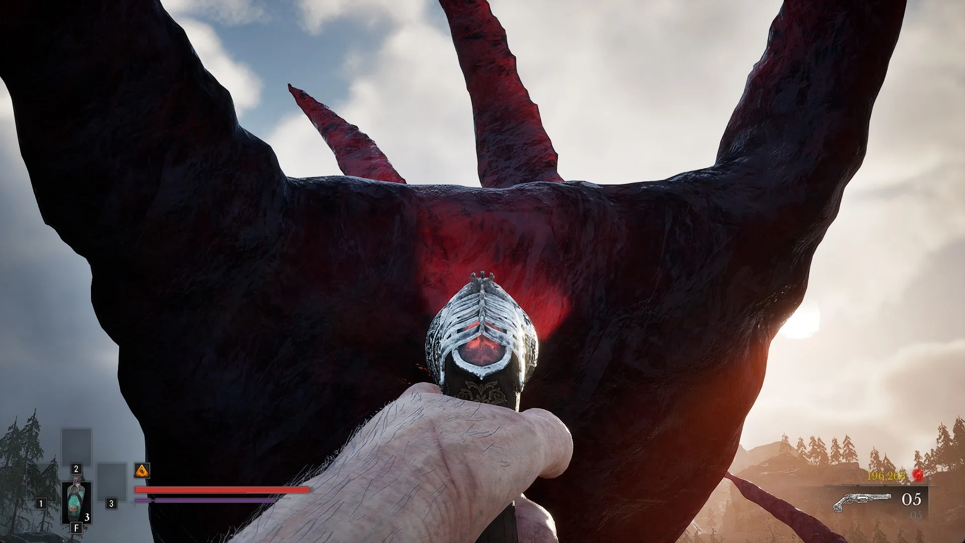 First-person view aiming the Pistol at a red plague growth in Valor Mortis