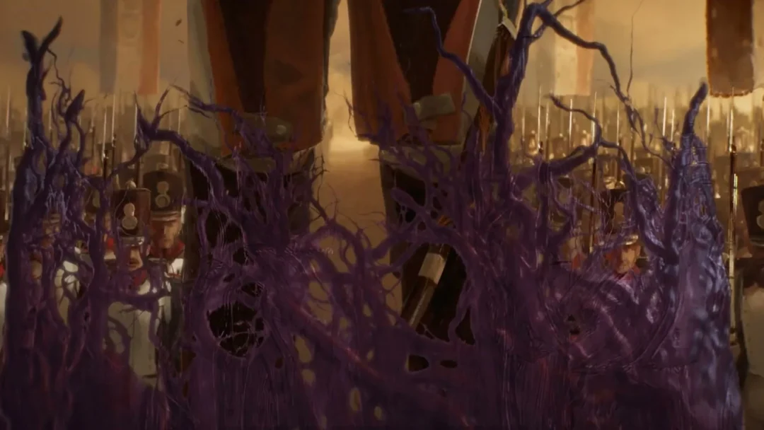 Purple growth spreading among the ranks of the Imperial Guard, from the Valor Mortis opening cinematic