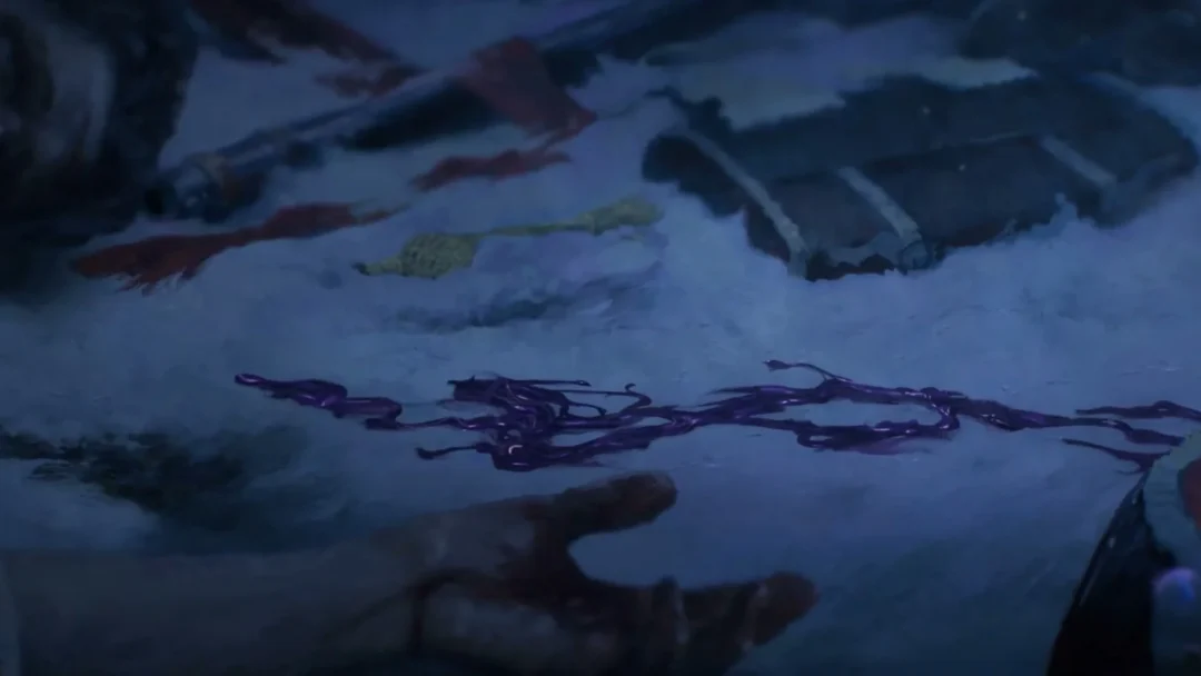 Purple tendrils spreading across the snow beside a fallen soldier, from the Valor Mortis opening cinematic