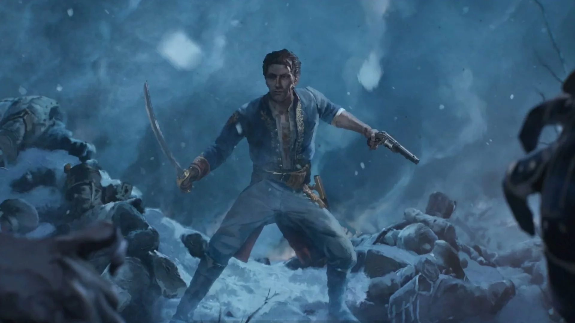 A French soldier with a pistol and sabre standing among the fallen in the snow, from the Valor Mortis opening