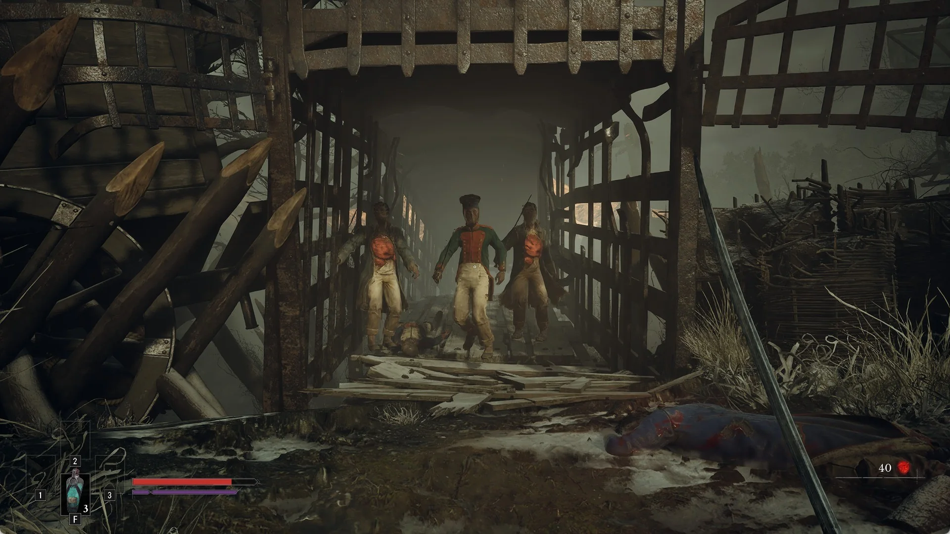 Three French soldiers advancing through a caged wooden gate on the Valor Mortis battlefield