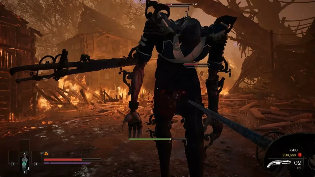 A Volunteer colossus with a greatsword up close in a burning village