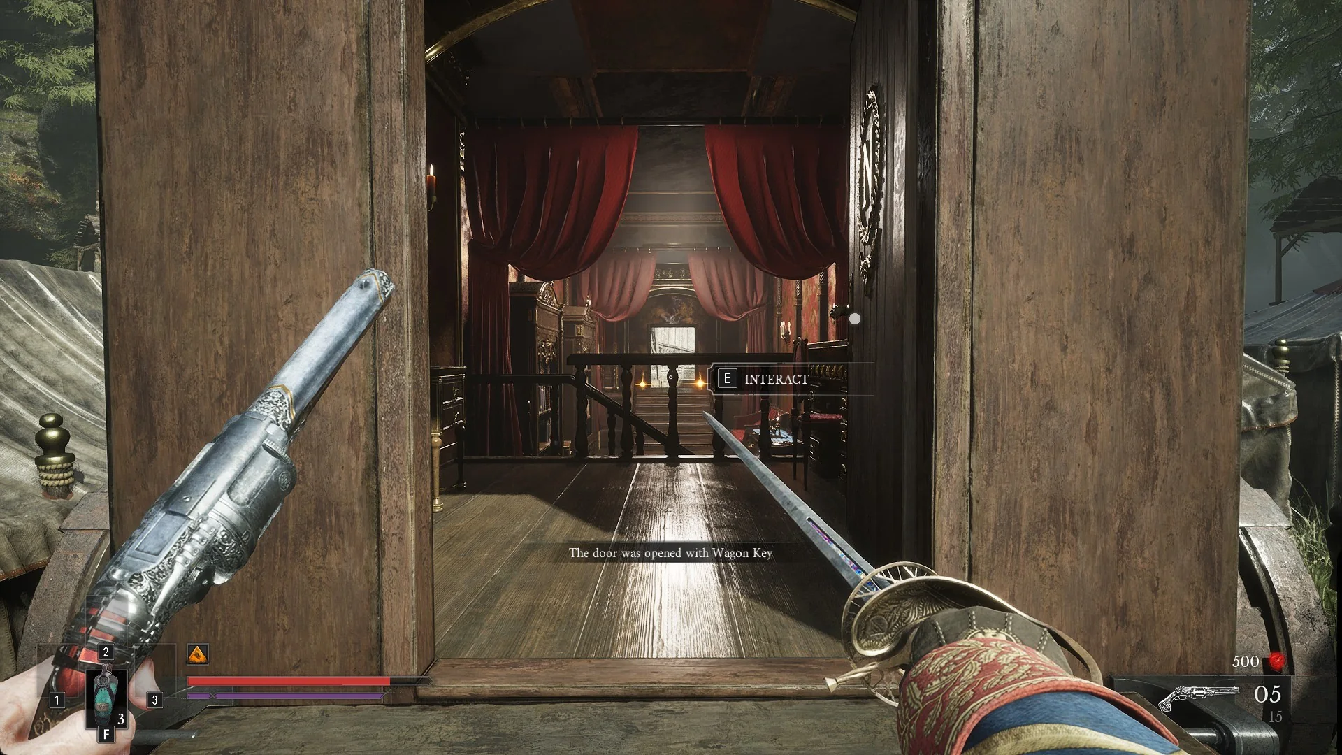 The wagon door open onto a red salon with the message The door was opened with Wagon Key