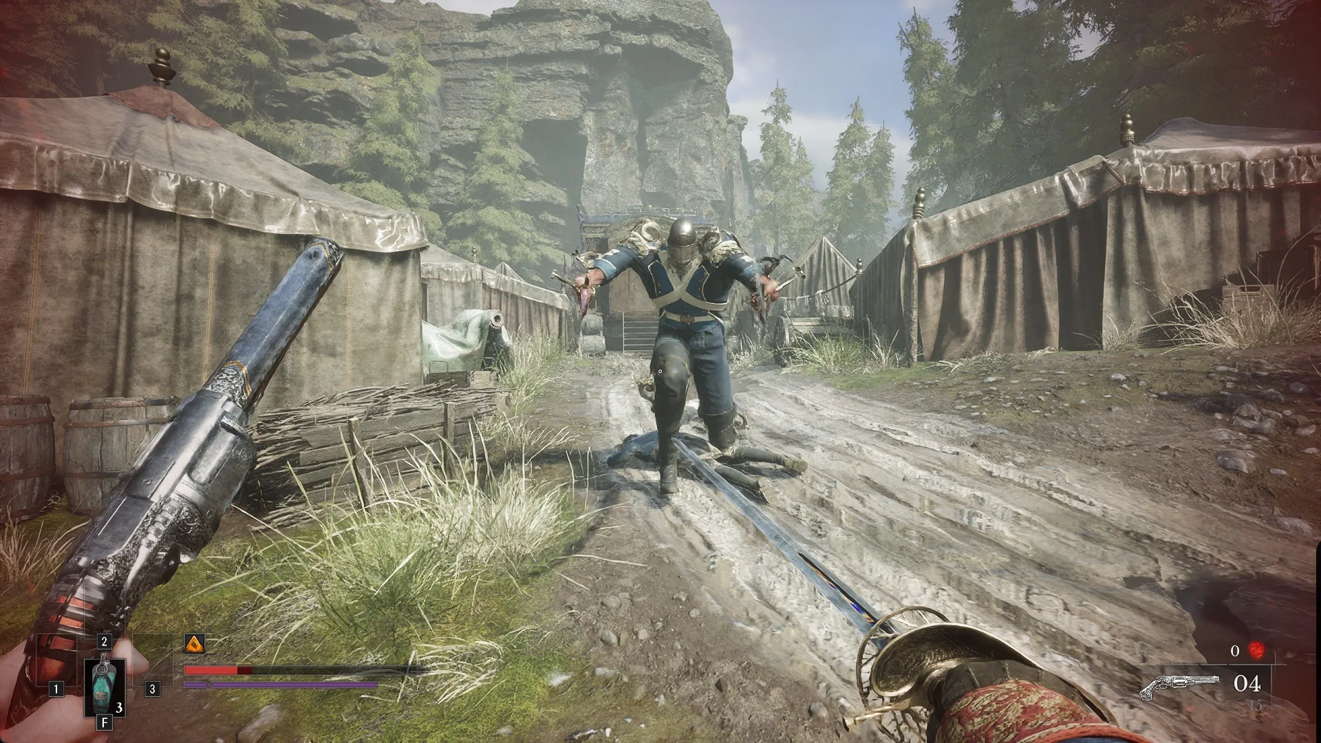 The dual-sword Volunteer in a blue coat running in along the muddy camp road with both swords out