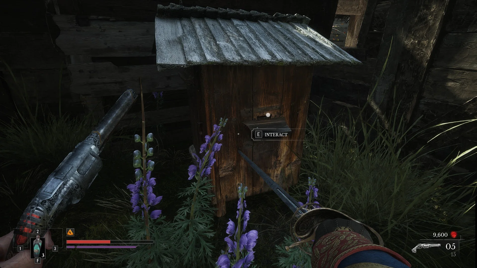 A beehive inside a ruined timber house with the E INTERACT prompt