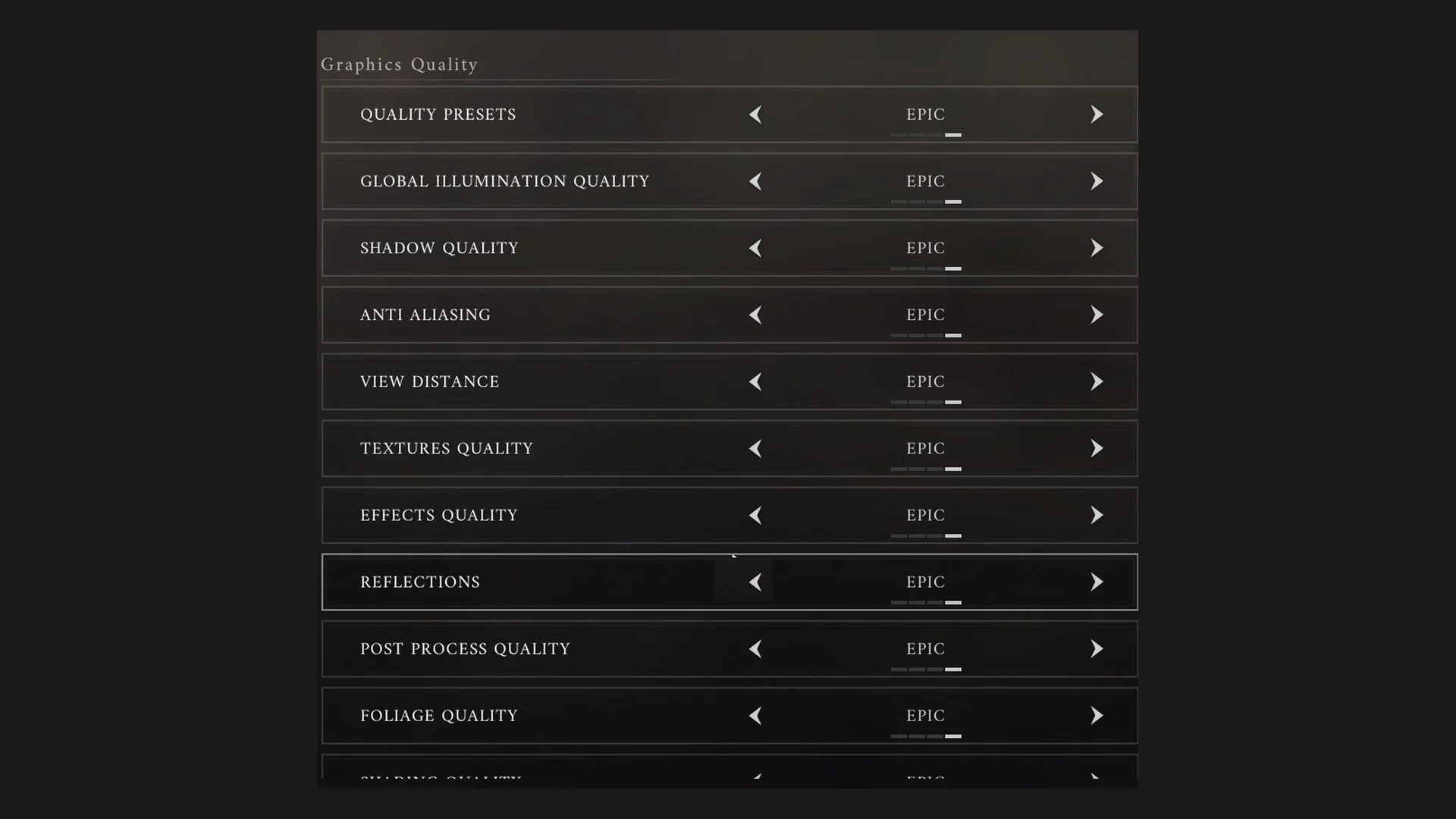 Valor Mortis Graphics Quality rows all set to EPIC under the EPIC preset