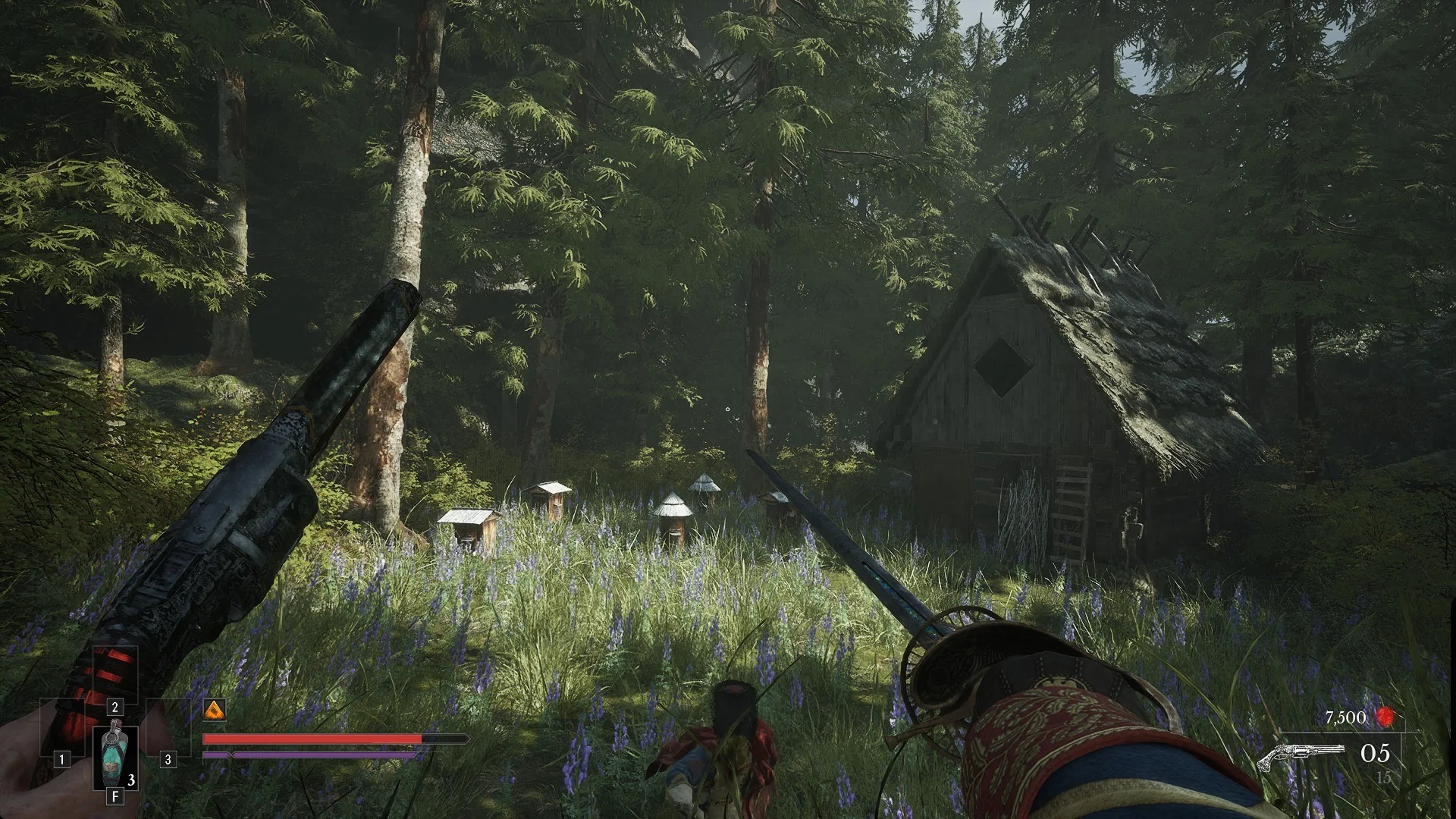 The red-coated Eternal Guardsman charging across the meadow toward the hut