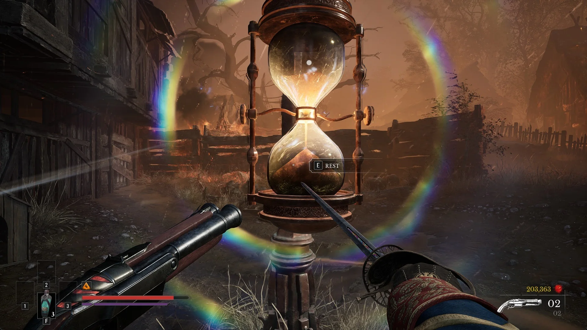 First-person view with the Blunderbuss in the left hand and the Rapier in the right in front of a Lantern