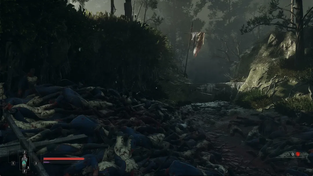Foggy ravine path between the fallen on the Valor Mortis battlefield