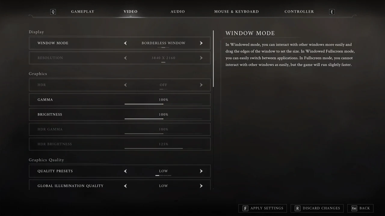 Valor Mortis VIDEO tab with Window Mode set to Borderless Window and the Resolution row greyed out