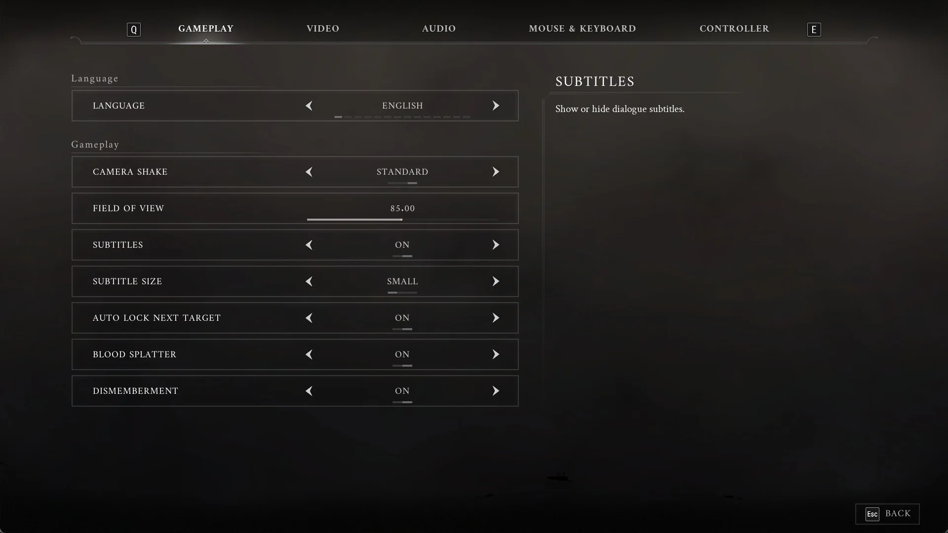 Valor Mortis GAMEPLAY options tab with camera shake, field of view, subtitles, auto lock and gore rows