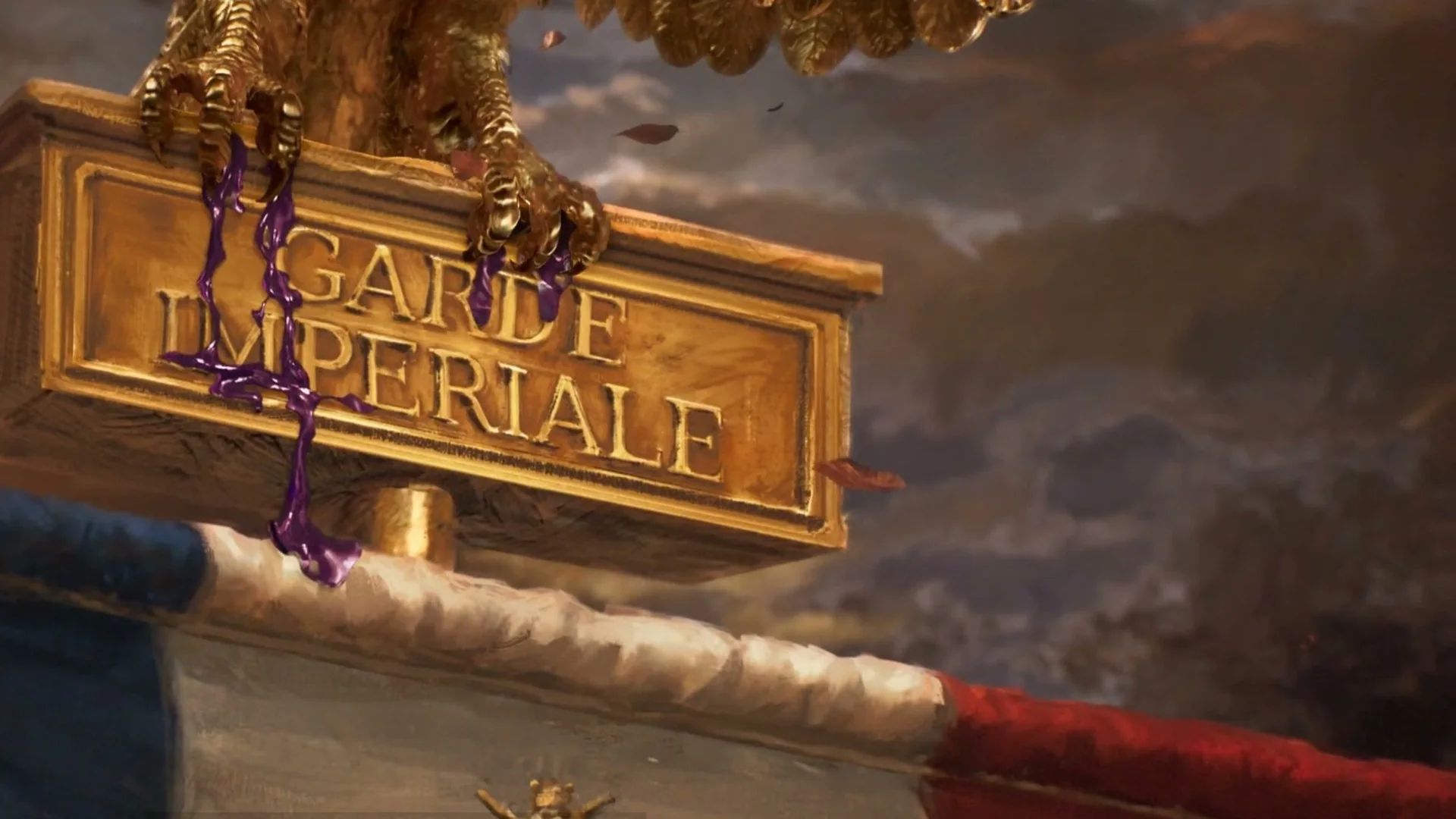 The golden Garde Imperiale eagle standard over a French tricolour, from the Valor Mortis opening