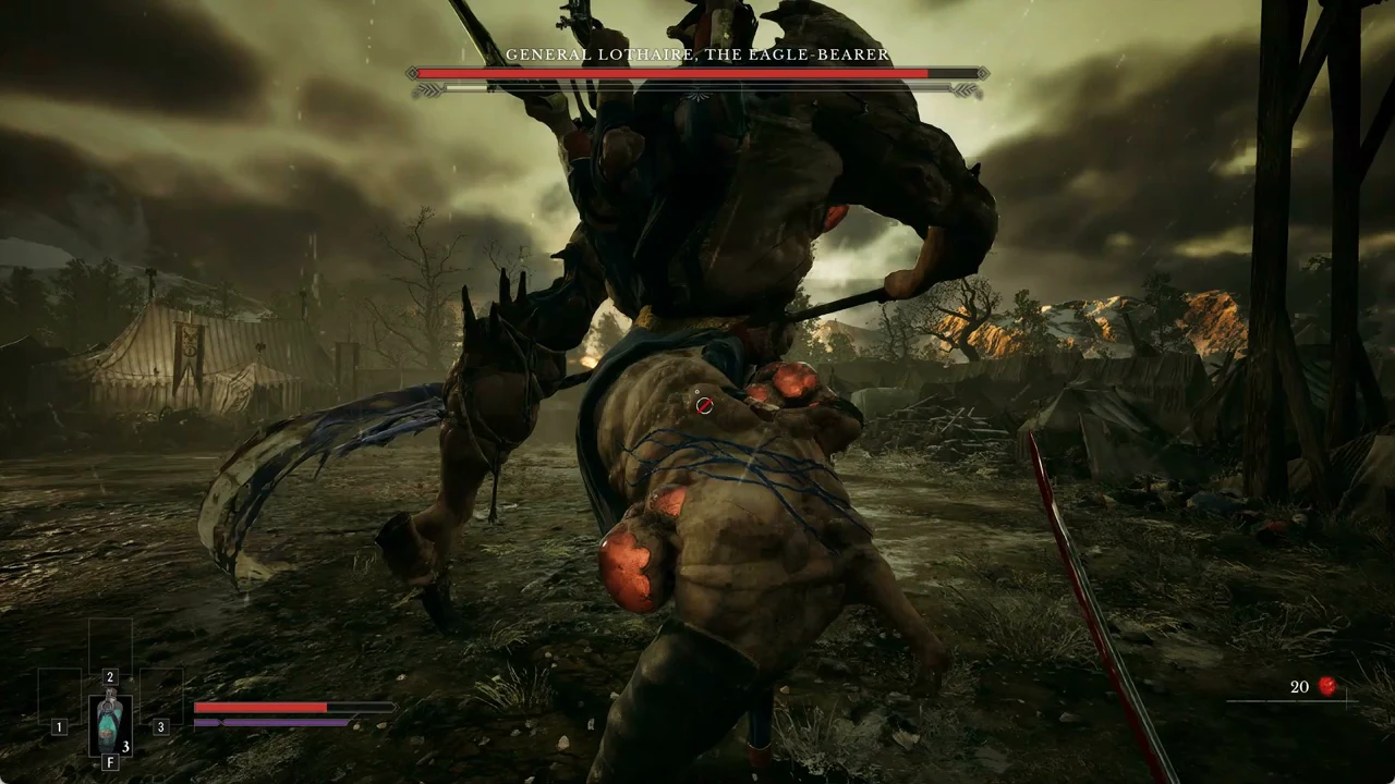 General Lothaire swinging the eagle standard flat at waist height in the Valor Mortis Battlefield arena