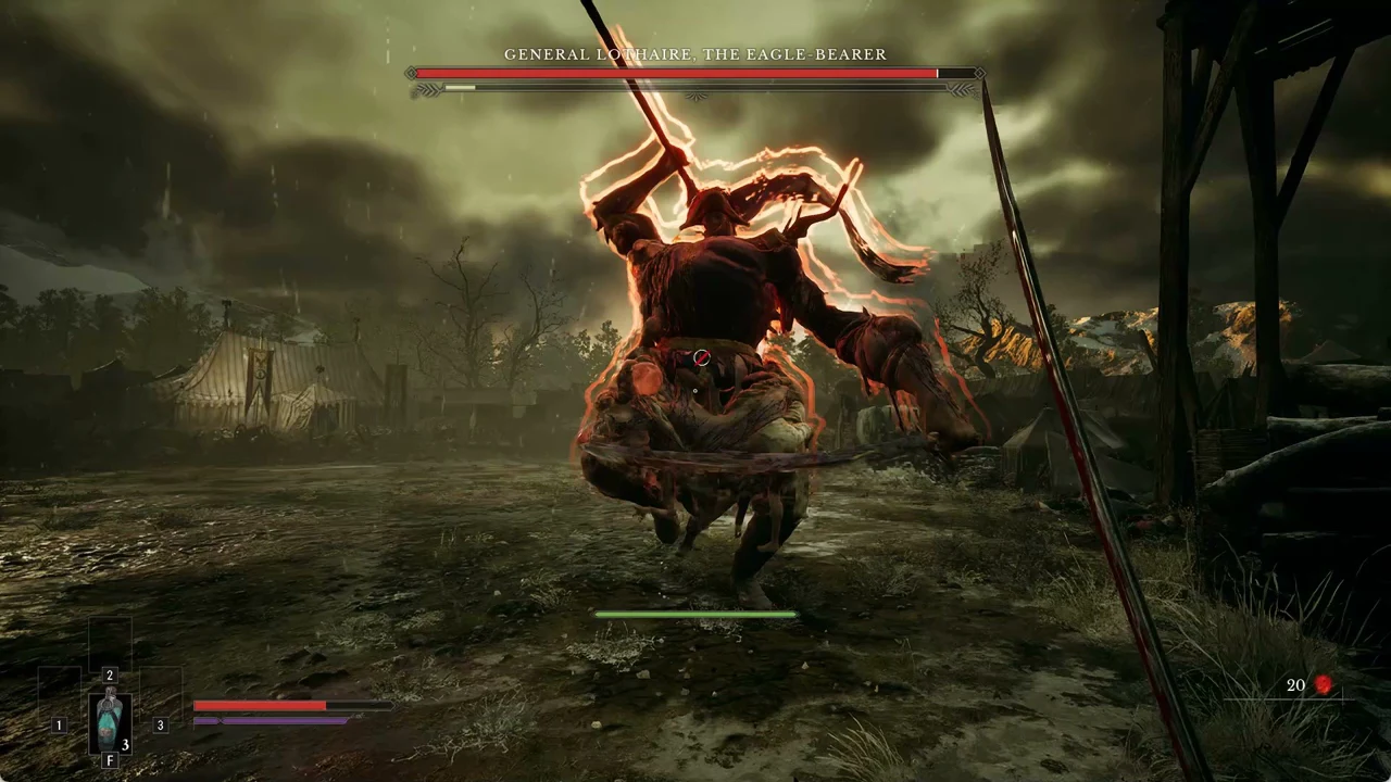 Lothaire glowing with a bright orange-red aura as he winds up his leaping attack