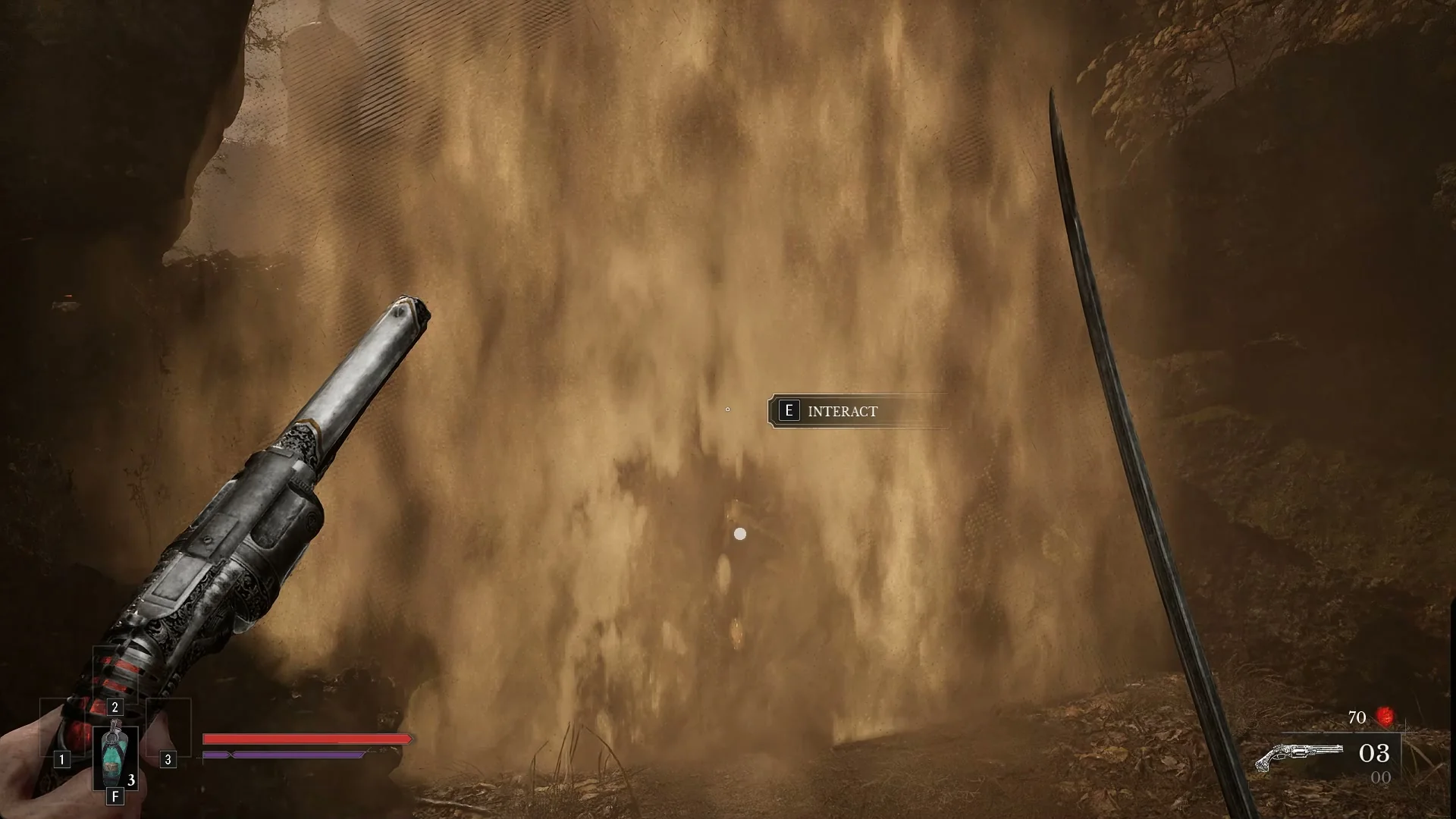 The golden fog wall in the Valor Mortis Abandoned Church hub with the E INTERACT prompt