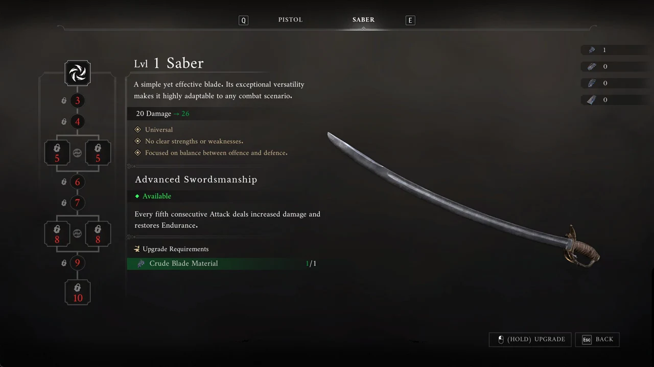 Saber upgrade screen showing Lvl 1 Saber, the Advanced Swordsmanship node and Crude Blade Material 1/1