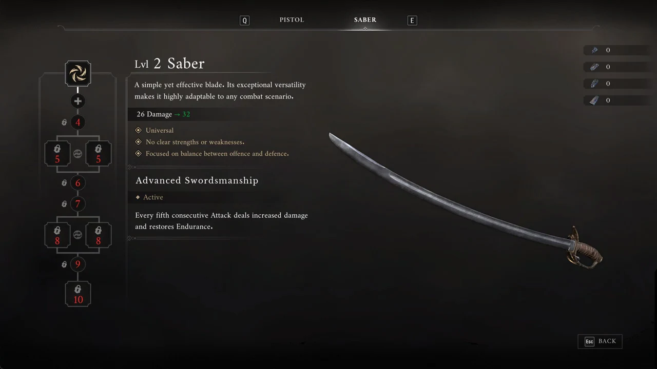 Saber upgraded to Lvl 2 Saber with Advanced Swordsmanship marked Active