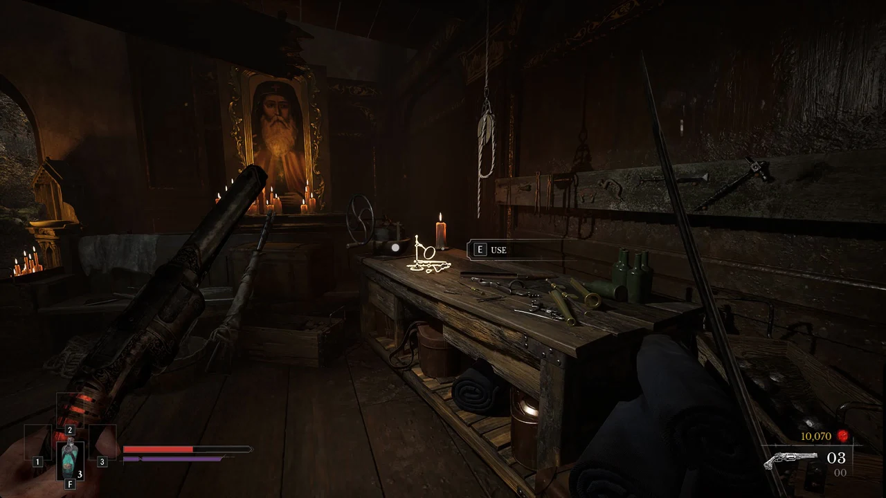 The E USE prompt highlighted over the outlined workbench with its tools and candle
