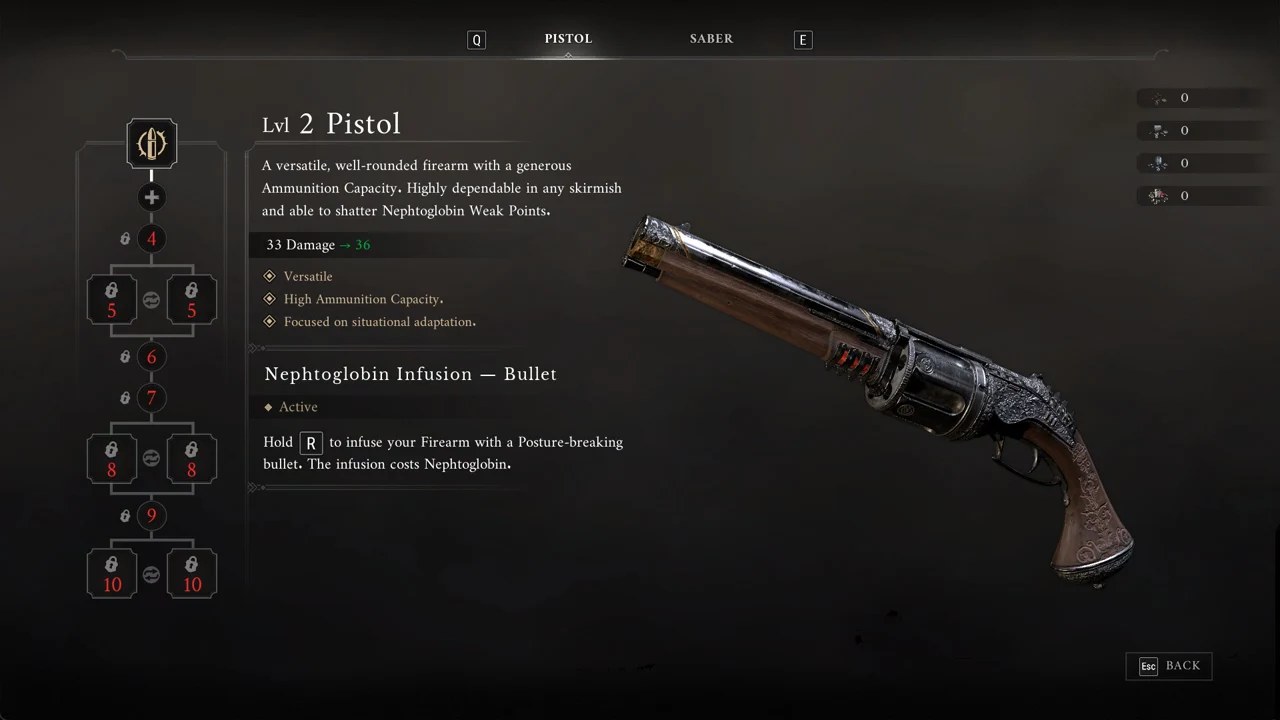 Pistol screen showing Lvl 2 Pistol and the Nephtoglobin Infusion Bullet node with the R prompt