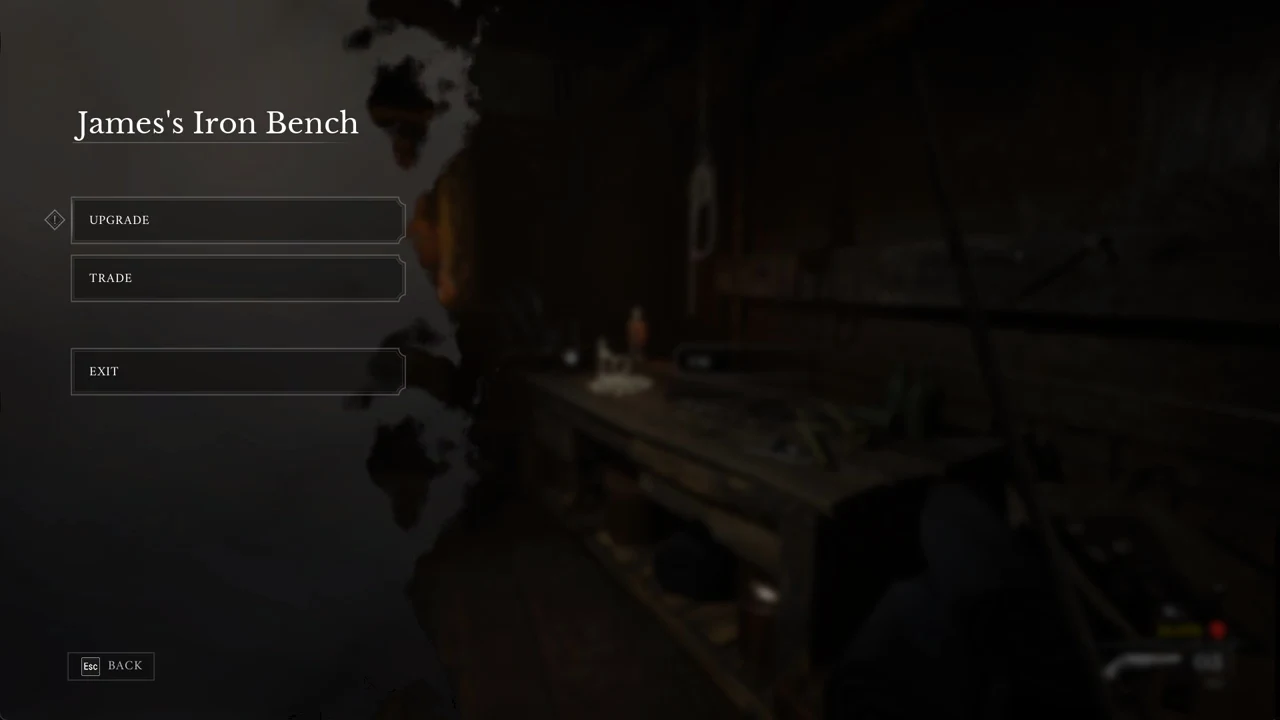 The Iron Bench menu with Upgrade highlighted above Trade and Exit