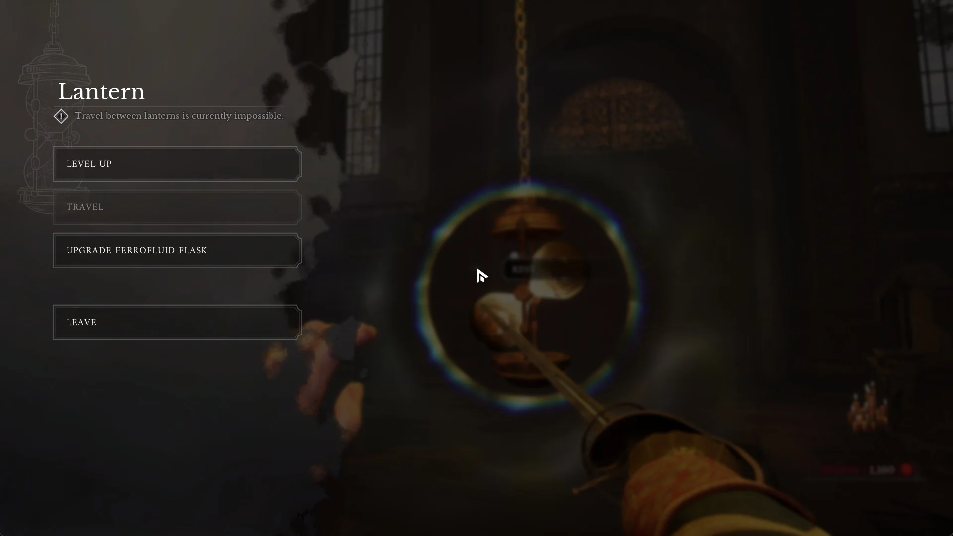 Church Lantern menu with Travel between lanterns is currently impossible and TRAVEL greyed out