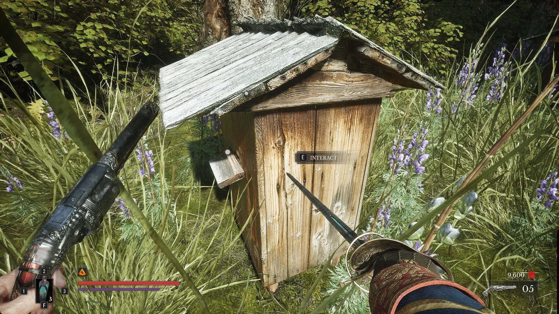 A wooden beehive box with the E INTERACT prompt on its entrance board