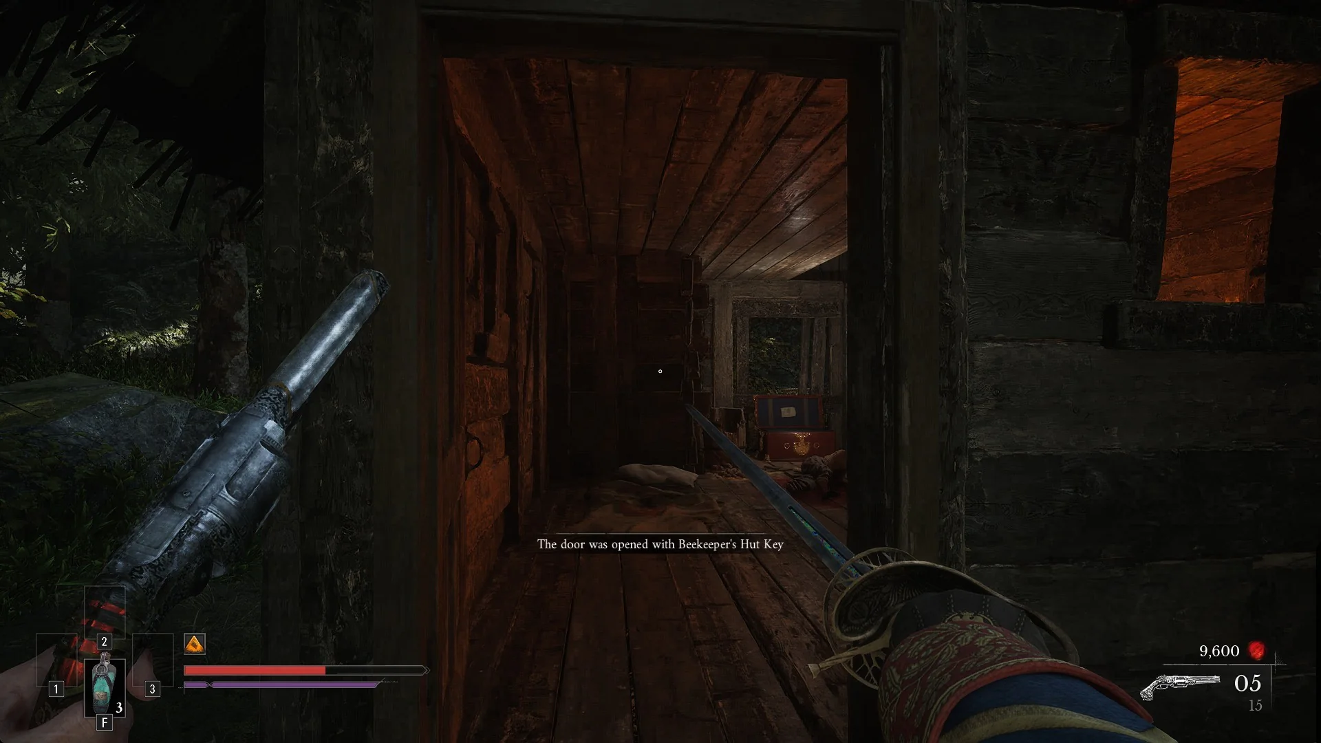 The hut door open with the message The door was opened with Beekeeper's Hut Key
