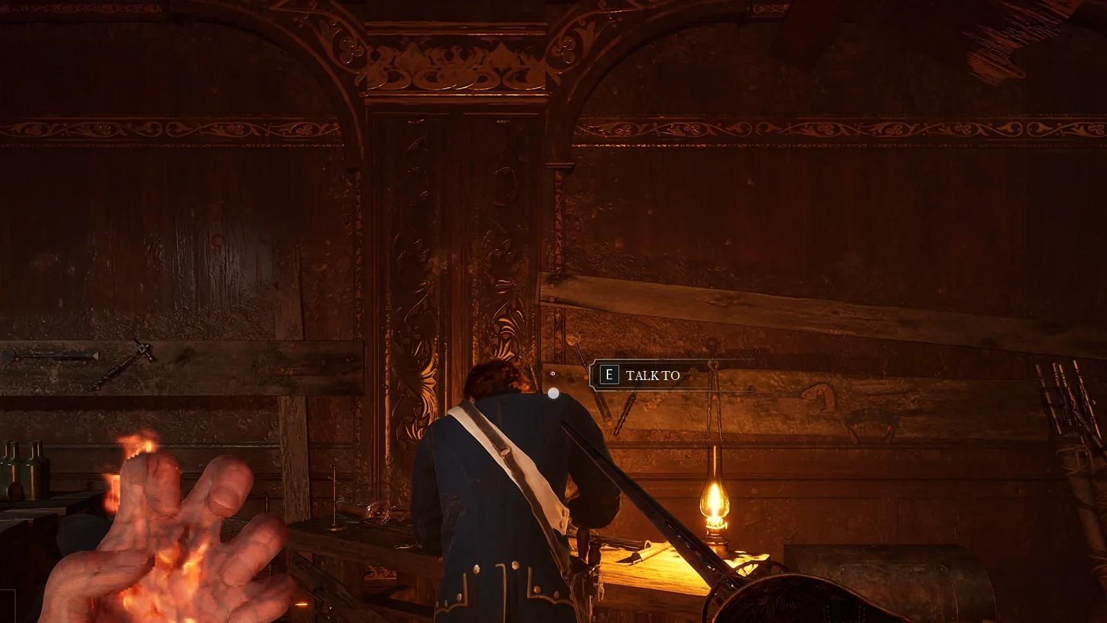 James at his Iron Bench in the Abandoned Church with the E TALK TO prompt