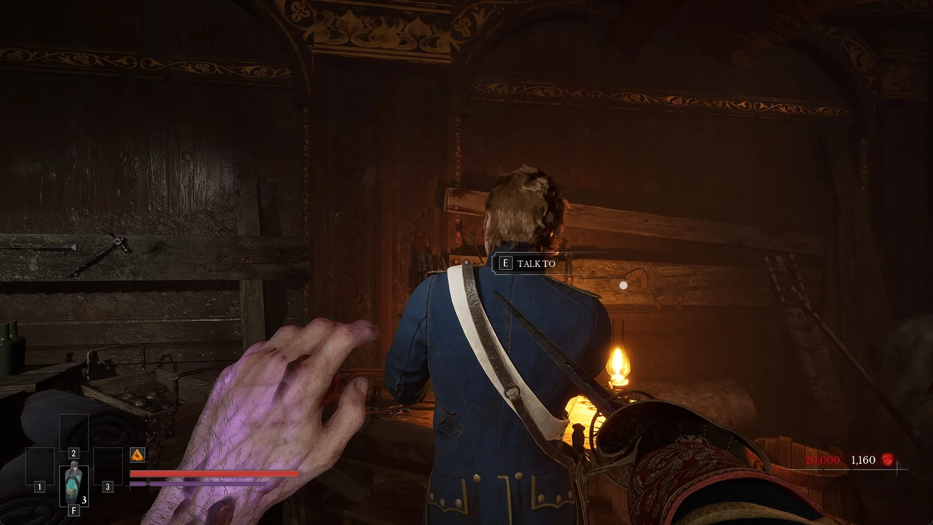 James working at his bench in the Abandoned Church with the E TALK TO prompt
