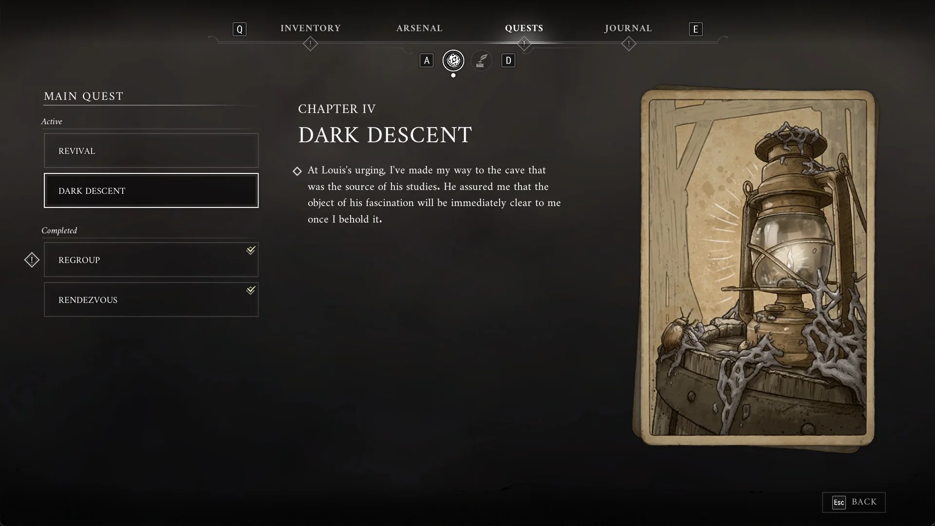 The Quests screen showing CHAPTER IV DARK DESCENT with a lantern card