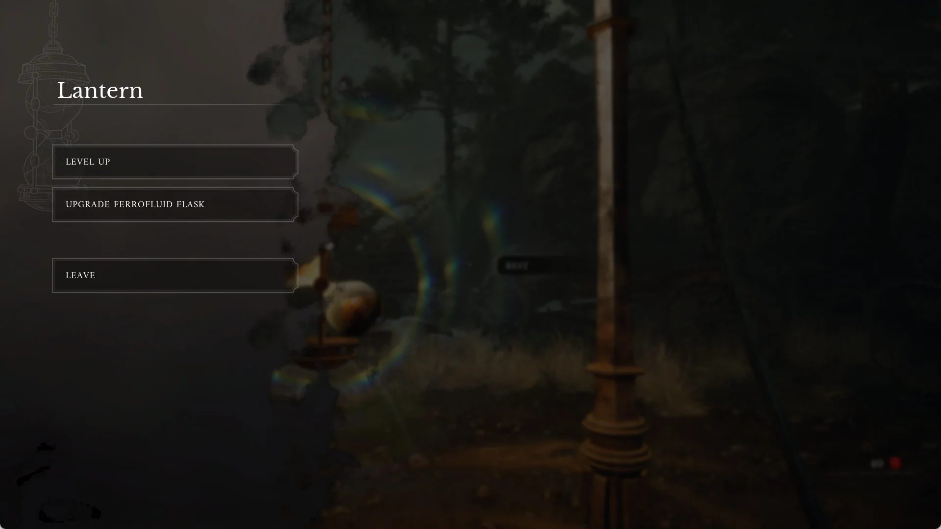 The Lantern menu with LEVEL UP, UPGRADE FERROFLUID FLASK and LEAVE
