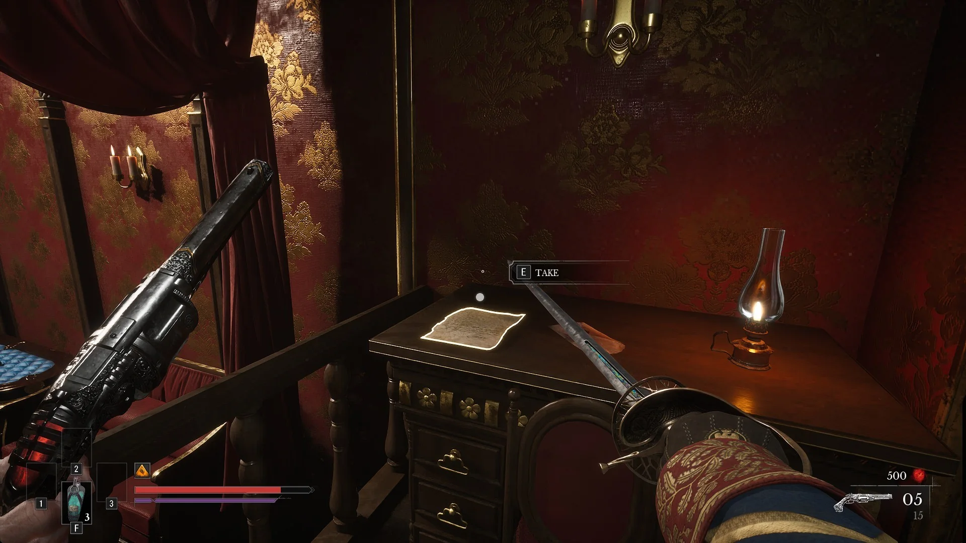 A letter on a wooden writing desk beside an oil lamp with the E TAKE prompt