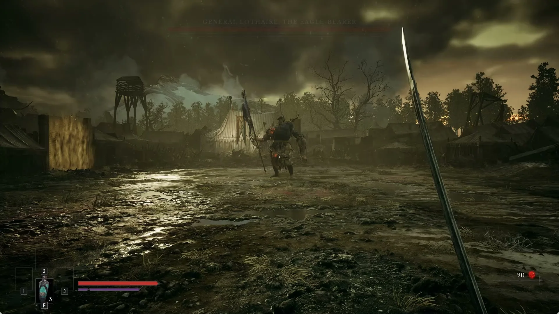 General Lothaire standing across the muddy Battlefield arena in Valor Mortis as his boss bar appears