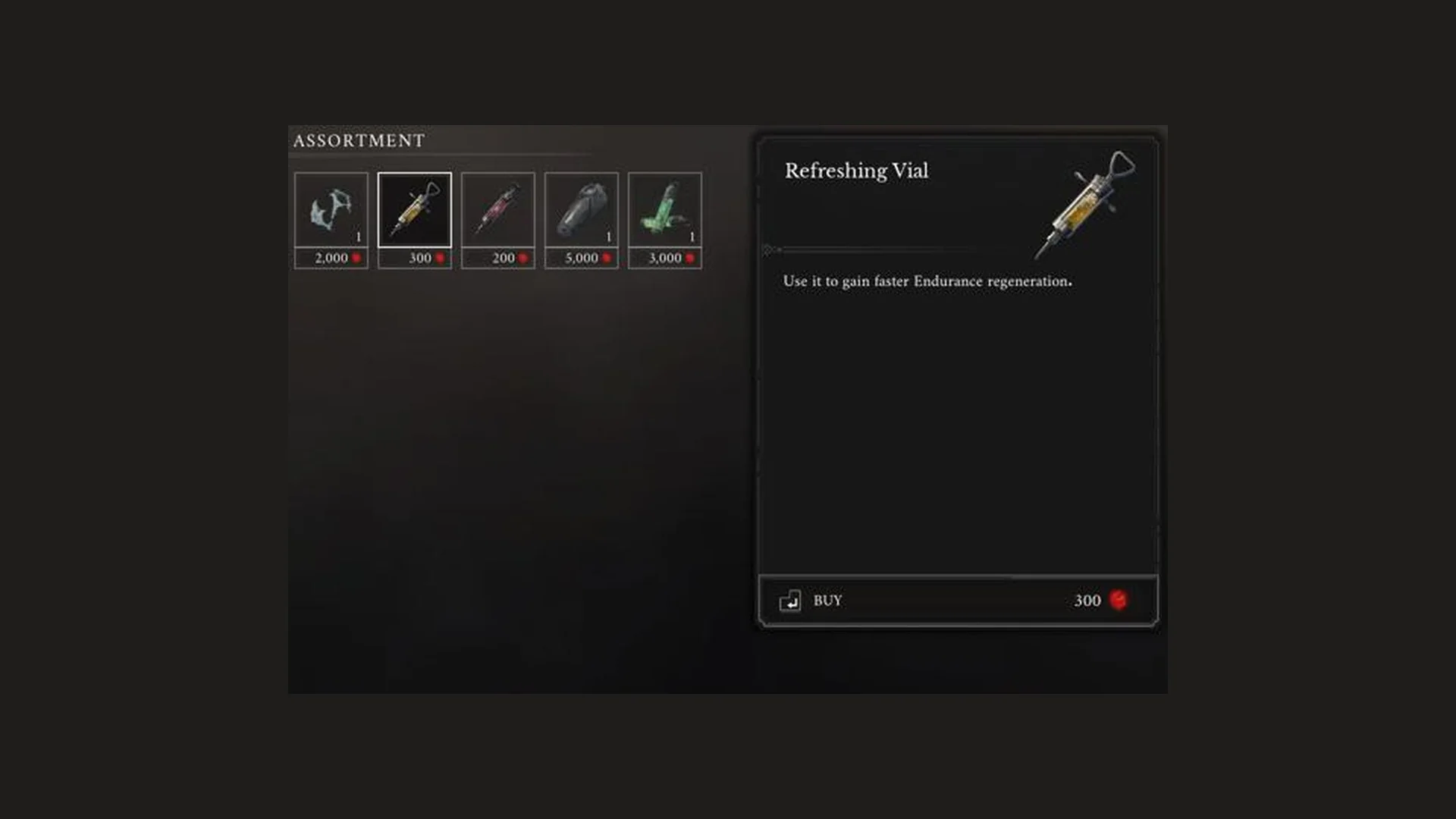 Louis's shop ASSORTMENT row with five items, the last priced 3,000 Catalysts