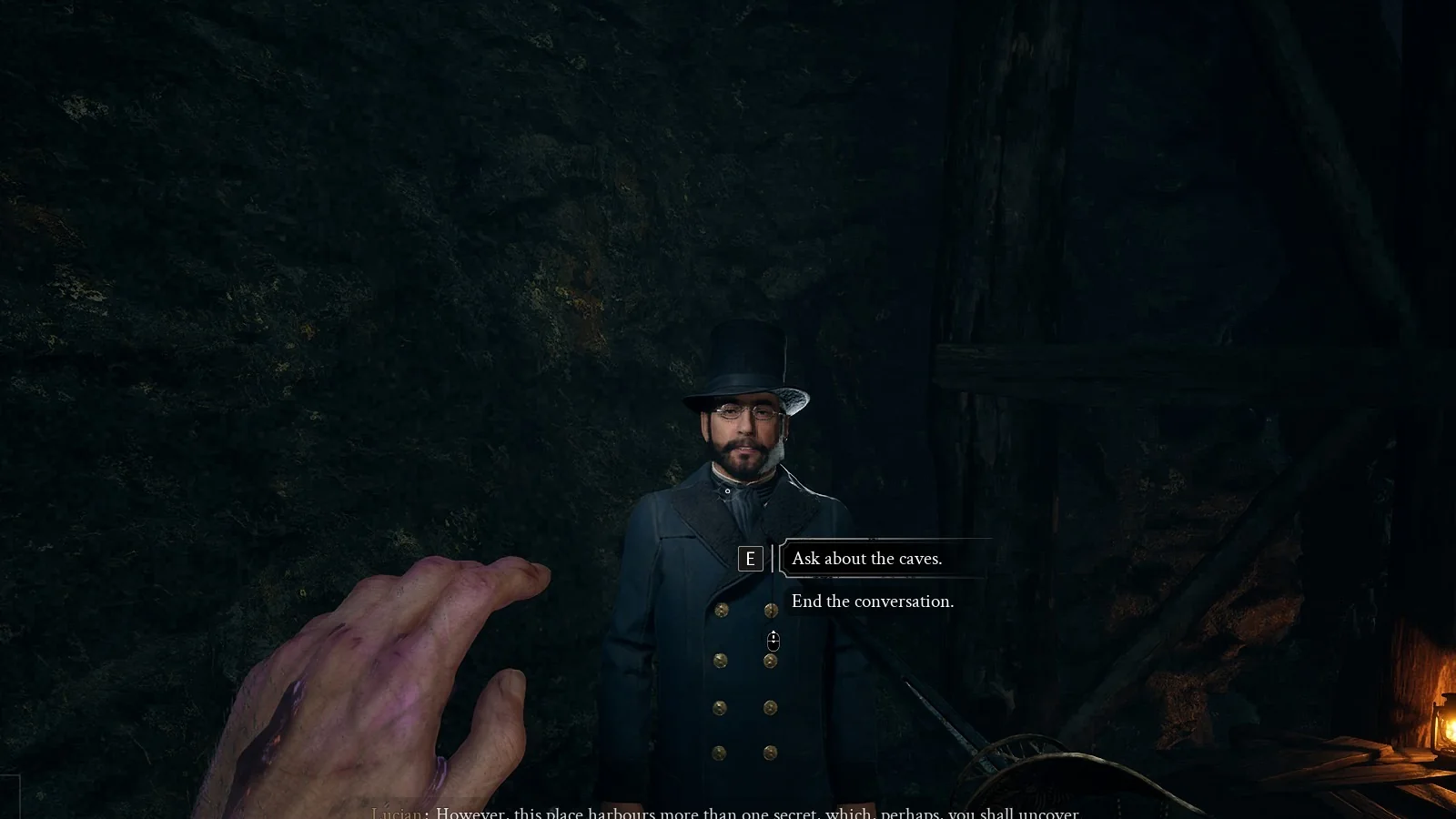 Lucjan in a top hat and navy greatcoat with the choices Ask about the caves and End the conversation