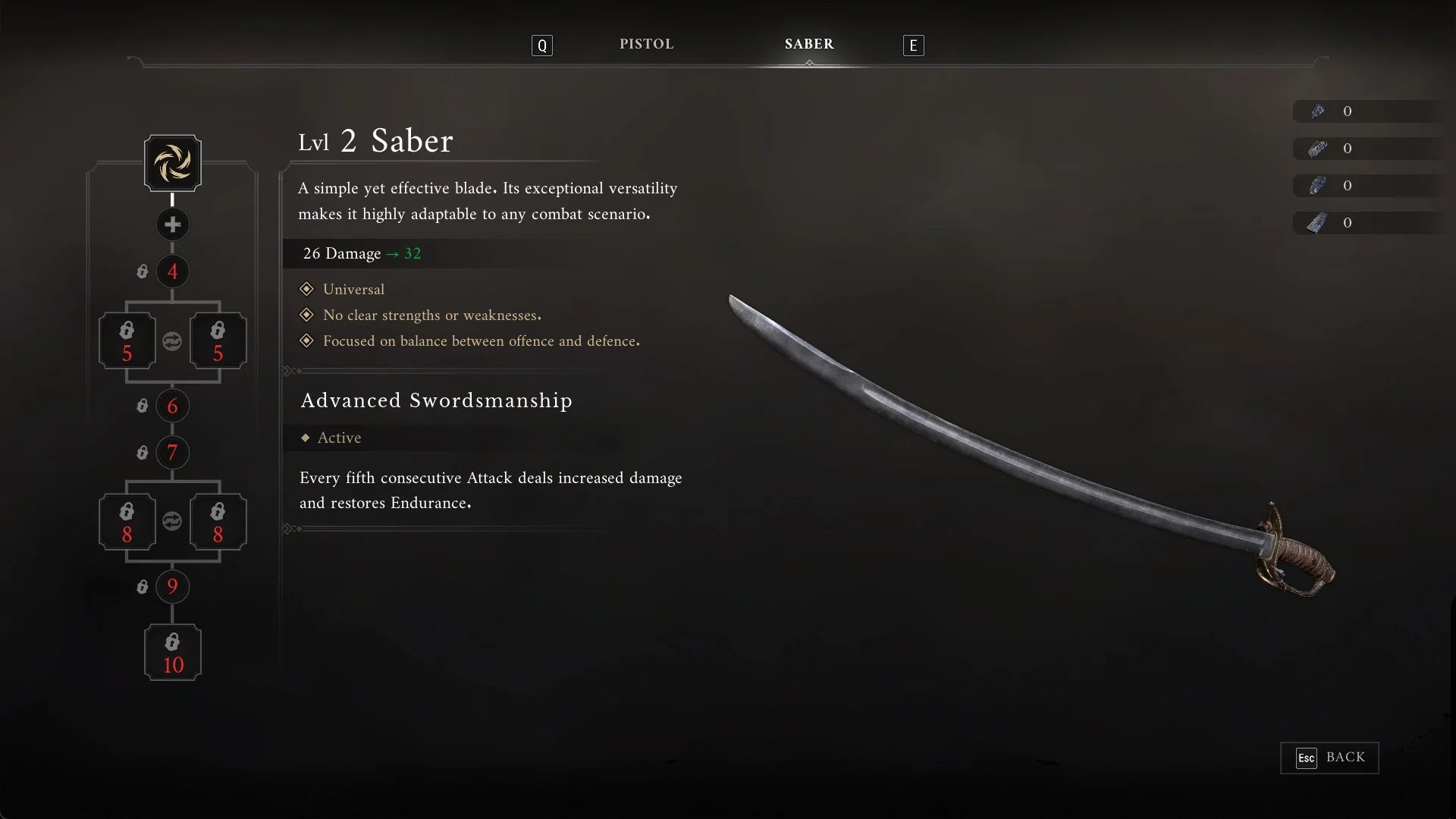 The Saber upgrade screen: Lvl 2 Saber, 26 Damage rising to 32, Advanced Swordsmanship active