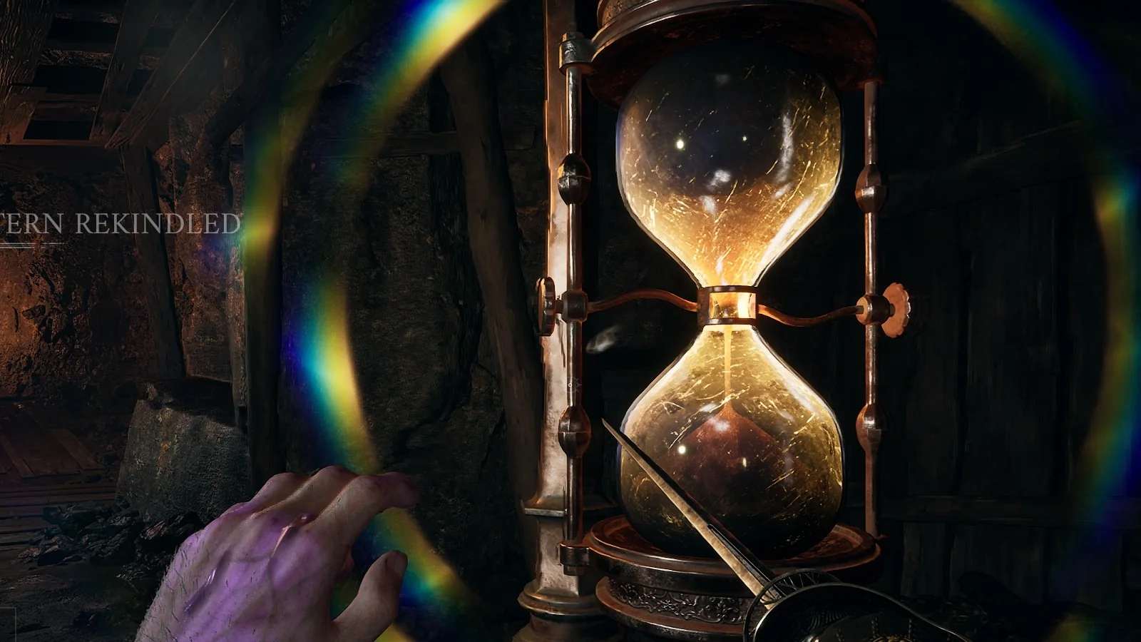 A tall brass hourglass Lantern glowing with the LANTERN REKINDLED banner
