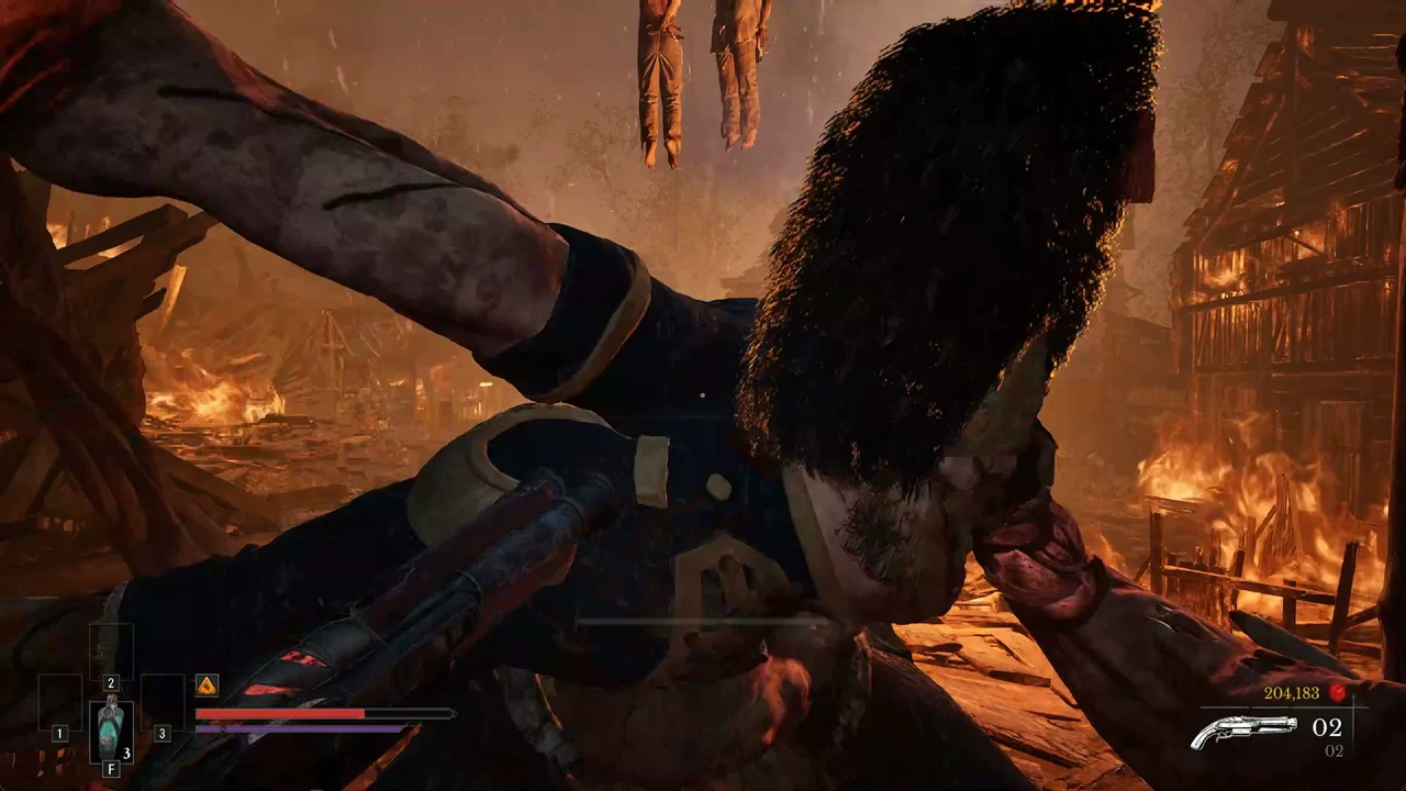 Close-range melee takedown in a burning village with the shotgun and its 02-round ammo counter on the HUD