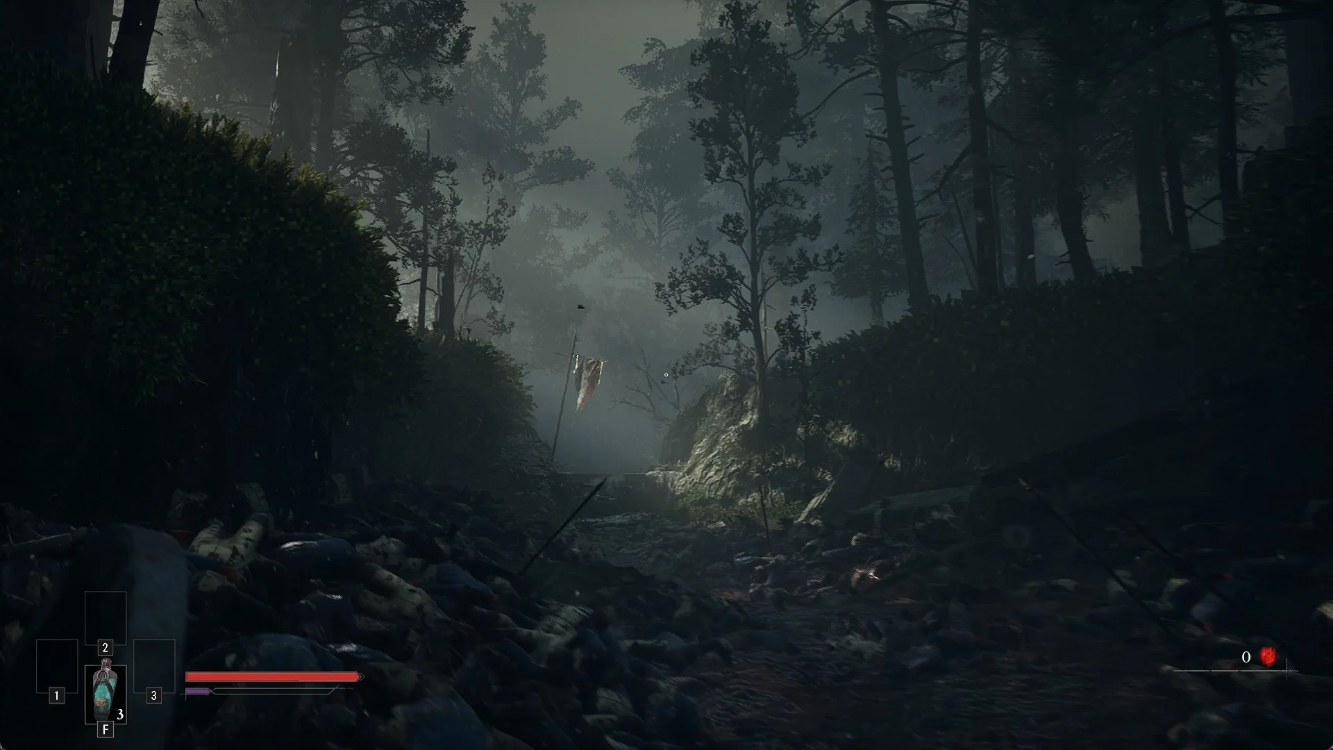 First-person view up the misty forest ravine on the Valor Mortis Battlefield, the frame-rate test route