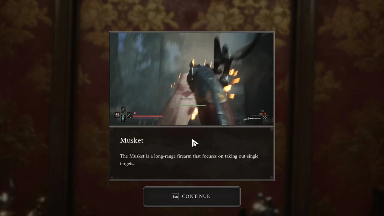 The Musket tutorial card describing its long-range role with the Esc Continue button